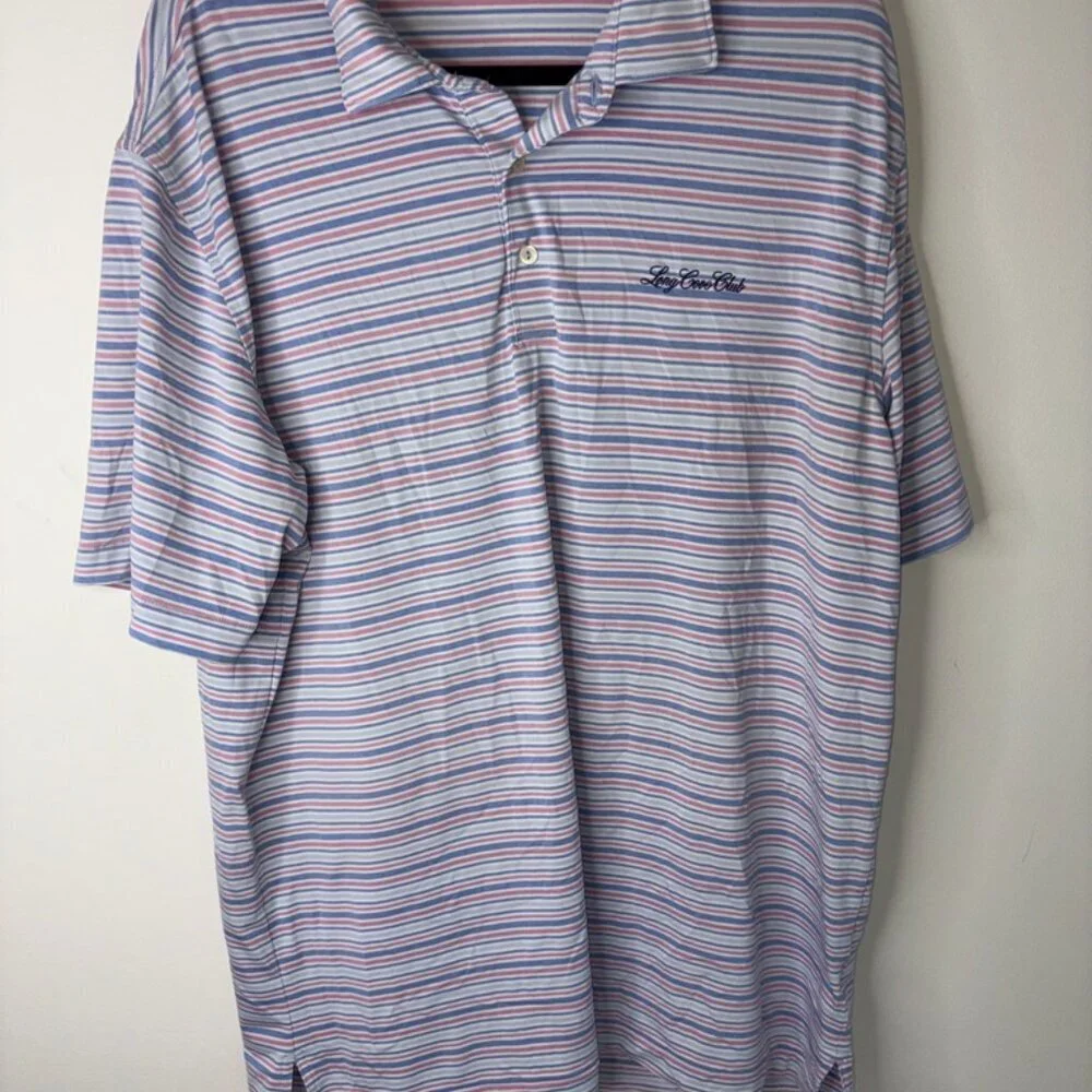Peter Millar Summer Comfort Blue and Pink Stripe Short Sleeve Polo size Large